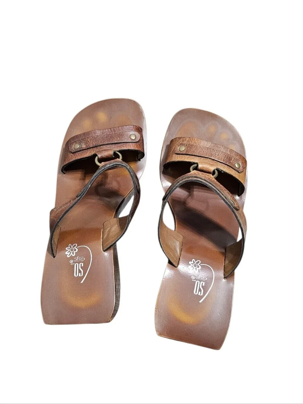Y2k SO GSJC Brown Leather Strap open toe Wood Wedge chunky sandals